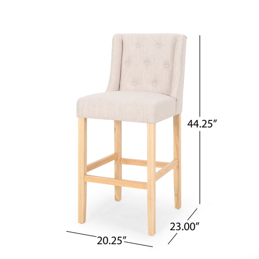 Noble House Ethereon tufted counter stool set of 2 with upholstered seats and wooden legs, ideal for kitchen or bar area.