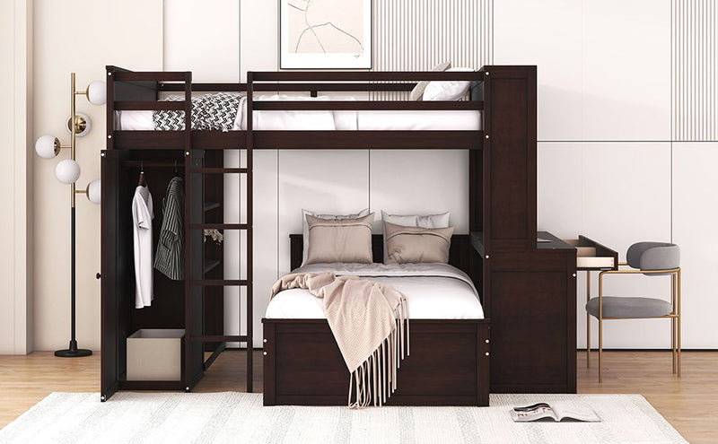 DreamHaus loft bed with twin-size standalone bed, shelves, desk, and wardrobe, showcasing a compact multi-functional bedroom setup.