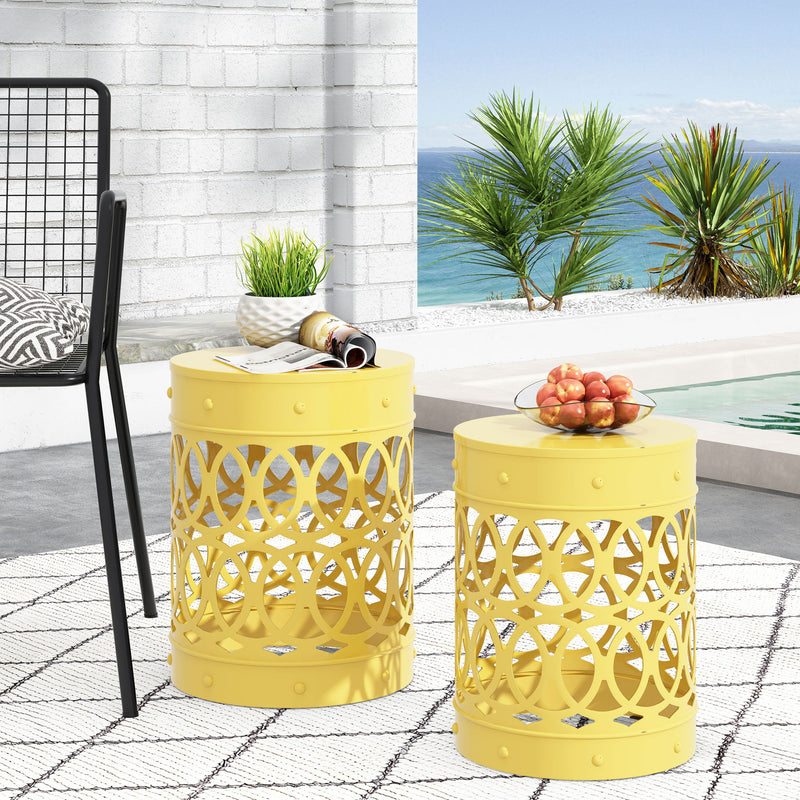 Noble House outdoor metal side table with a sleek S/2 end table design, featuring a sturdy metal frame and modern style.