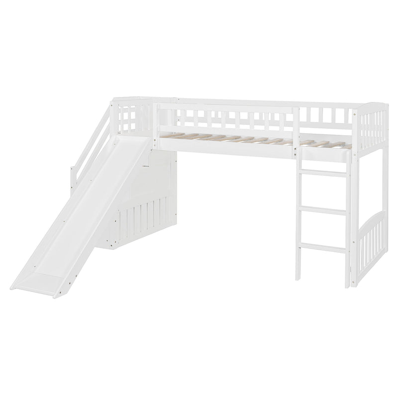 DreamHaus loft stairway bed with built-in drawers, convertible ladder, and slide, showcasing a modern bedroom furniture design.