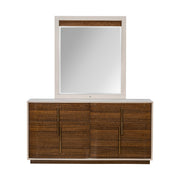 Michael Amini Pavira dresser with matching mirror, featuring sleek wood finish and contemporary design for bedroom storage.