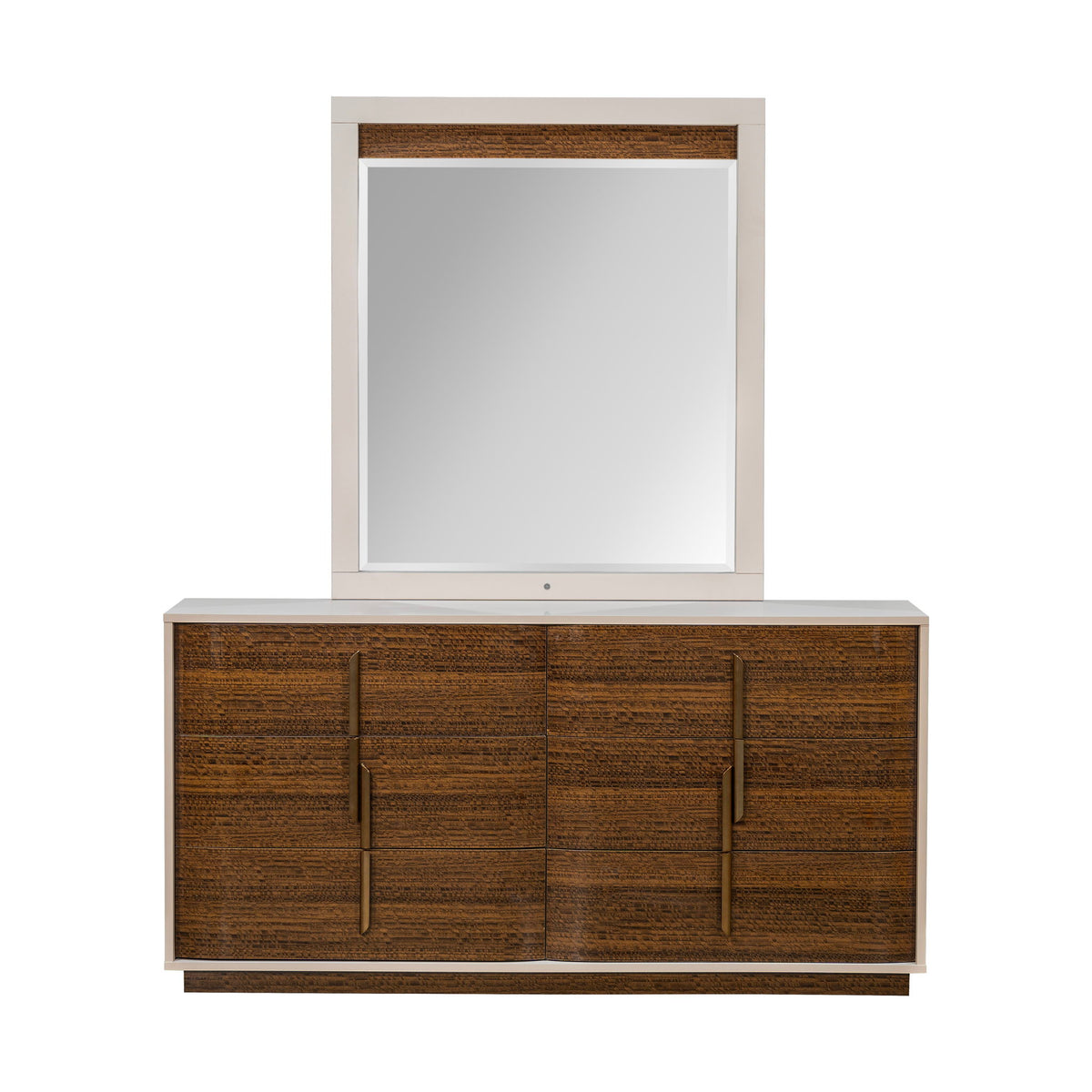 Michael Amini Pavira dresser with matching mirror, featuring sleek wood finish and contemporary design for bedroom storage.