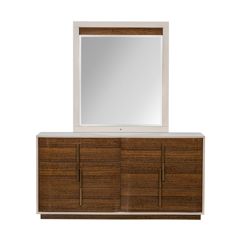 Michael Amini Pavira dresser with matching mirror, featuring sleek wood finish and contemporary design for bedroom storage.
