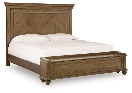 Signature Design by Ashley Karallin panel storage bed with built-in drawers and modern wooden frame in a bedroom setting.