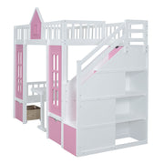 DreamHaus twin over twin bunk bed with changeable table, featuring upper bed and lower desk in a modern bedroom setting.
