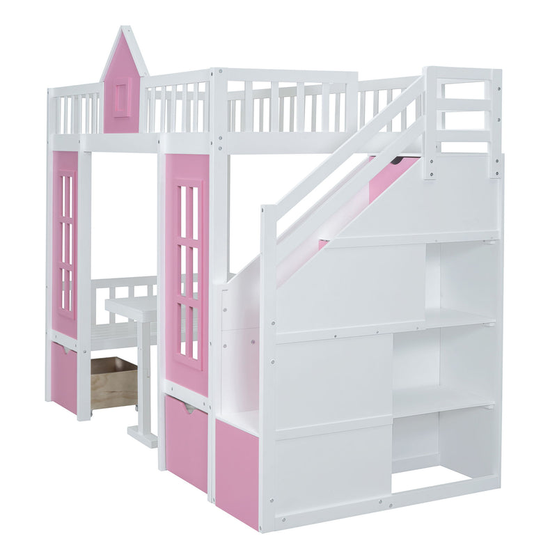 DreamHaus twin over twin bunk bed with changeable table, featuring upper bed and lower desk in a modern bedroom setting.