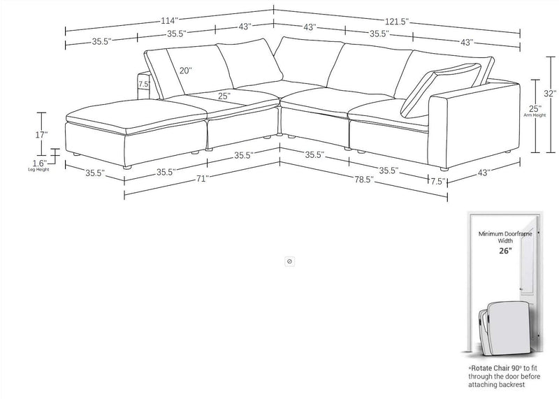 1100 - 5-Piece 4-Seat Sectional (Top-Grain Italian Leather)