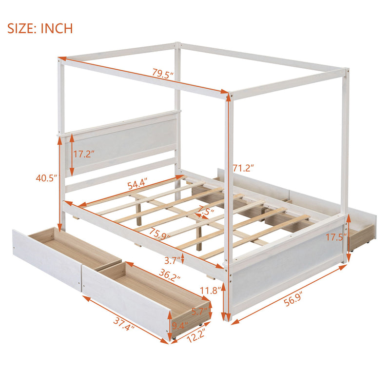 DreamHaus canopy platform bed with built-in drawers, support slats, and no box spring needed, featuring a modern wooden frame.