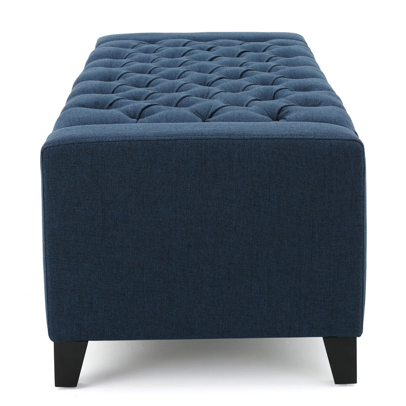 Noble House Guernsey storage ottoman with tufted top, versatile fabric upholstery, and hidden interior storage space.