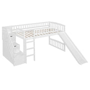 DreamHaus loft stairway bed with two drawers, convertible ladder, and slide, showcasing a modern children's bedroom setup.