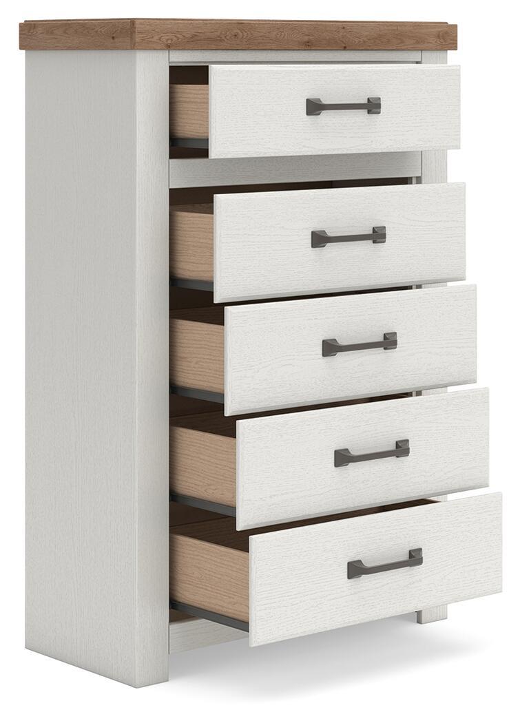 Benchcraft® Savonport five-drawer accent chest in white and brown, featuring a stylish design and multiple storage drawers.