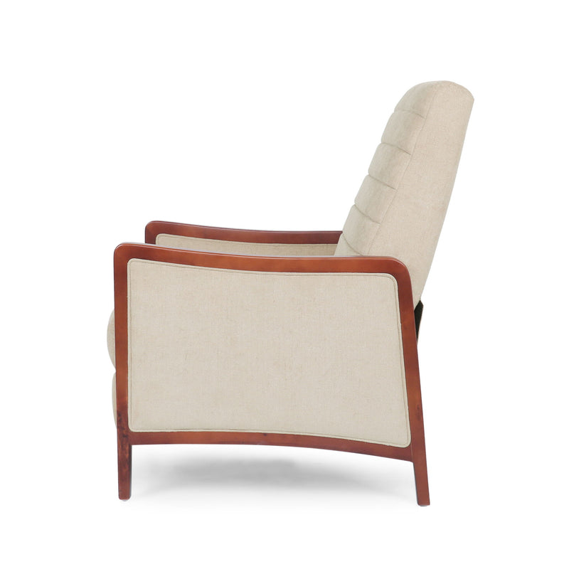 Noble House mid-century modern fabric channel stitch wood pushback recliner in a stylish living room setting.