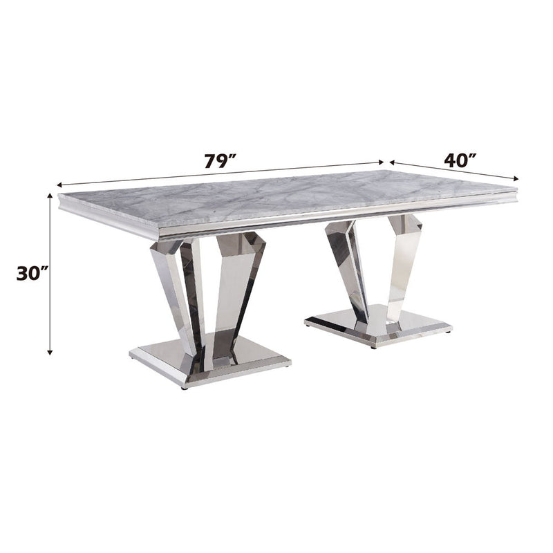 Satinka - Dining Table - Light Gray Printed Faux Marble Top & Mirrored Silver - R&R Furniture Gallery (Fountain Valley, CA)