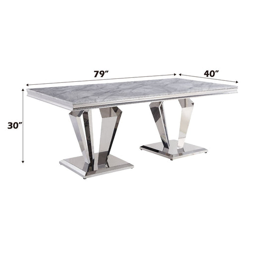 Satinka - Dining Table - Light Gray Printed Faux Marble Top & Mirrored Silver - R&R Furniture Gallery (Fountain Valley, CA)