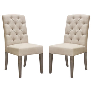 Set of Two Napa Tufted Dining Side Chairs in Sand Linen Fabric with Wood Legs in Grey Oak Finish by Diamond Sofa