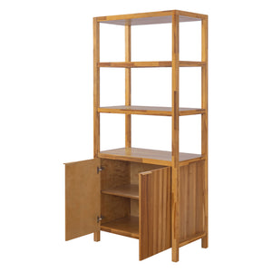 Tall Storage Bookcase Cabinet With 2 Open Shelves & Double Doors, Freestanding Shelving Unit - Natural