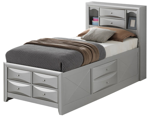 Modern design storage bed with built-in bookcase headboard by Glory Furniture, featuring sleek wood finish and practical storage drawers.