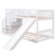 DreamHaus twin over twin stairway bunk bed with two drawers and slide, featuring a sturdy wooden frame and ladder for kids' bedroom.