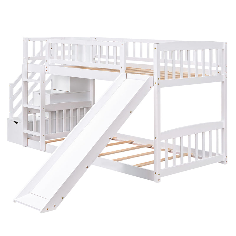 DreamHaus twin over twin stairway bunk bed with two drawers and slide, featuring a sturdy wooden frame and ladder for kids' bedroom.