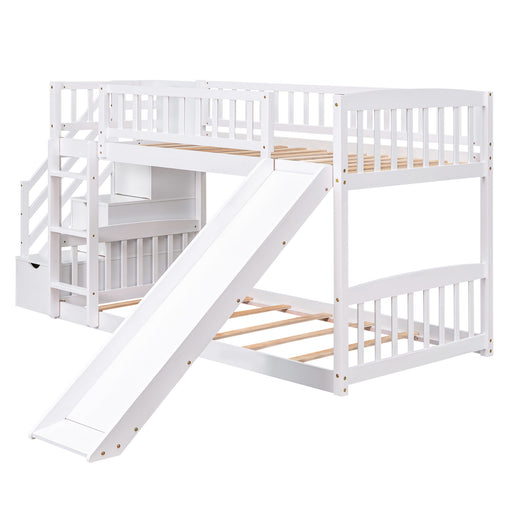 DreamHaus twin over twin stairway bunk bed with two drawers and slide, featuring a sturdy wooden frame and ladder for kids' bedroom.
