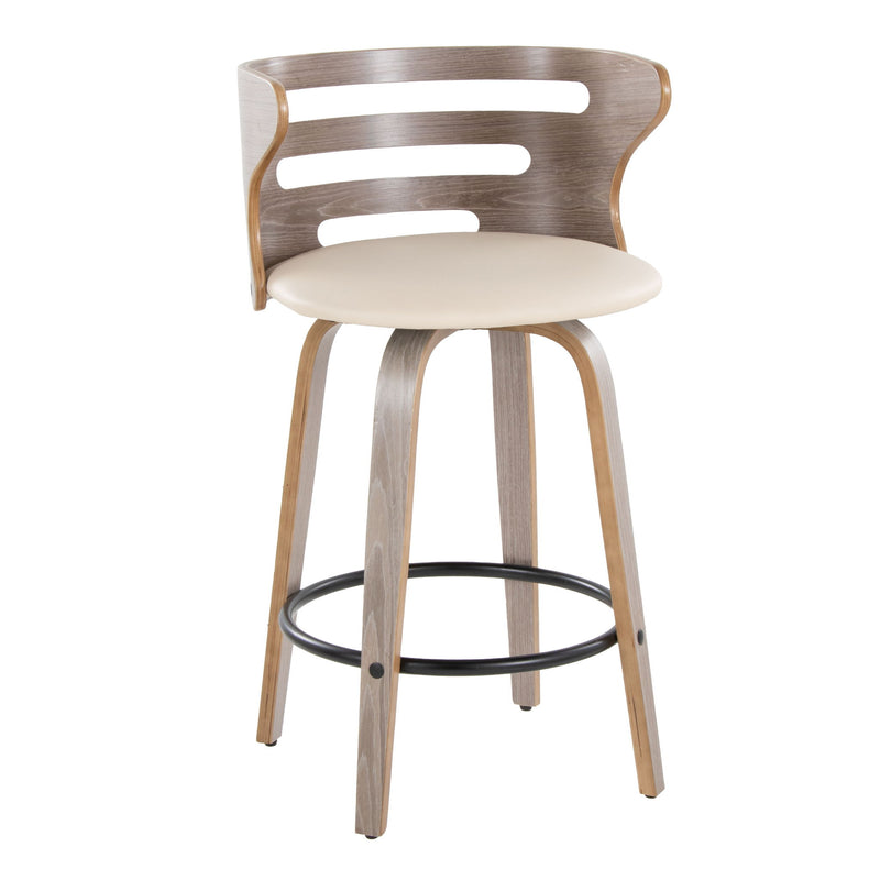 Lumi Source Cosini mid-century modern fixed height barstools with swivel and round footrest, set of 2, featuring sleek wood and metal design.