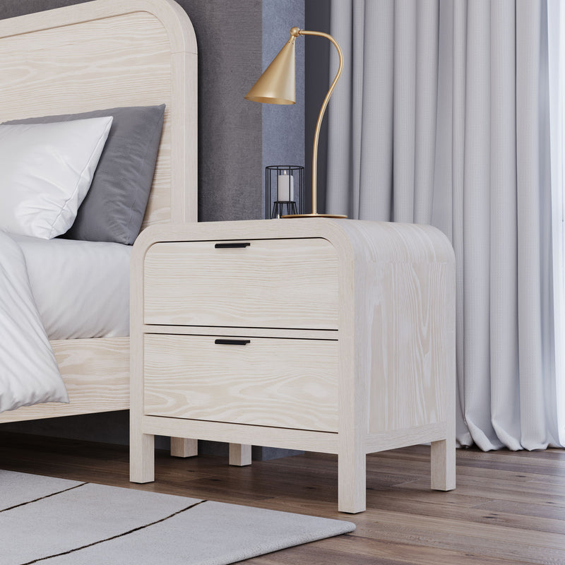 Modus Drake two drawer USB-charging nightstand in Sugar with sleek design and accessible drawers, perfect for modern bedroom decor.