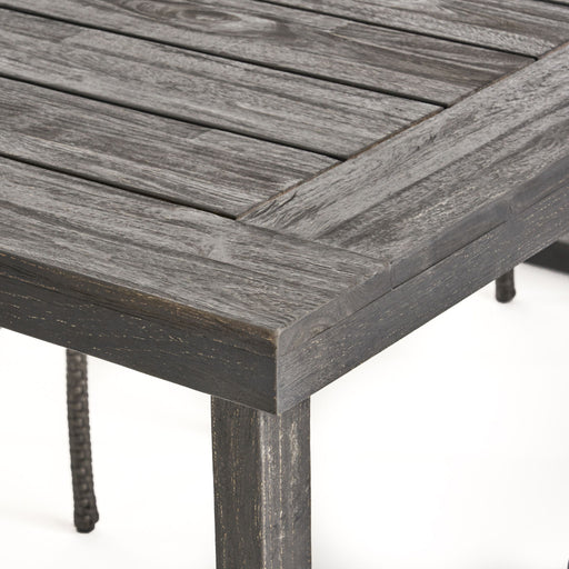 Outdoor 6 seater dining set with bench from Noble House, dark gray and light gray weather-resistant patio furniture.