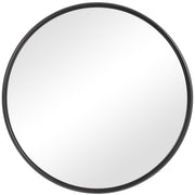 Round black iron wall mirror by Uttermost with a sleek, minimalist design, showcasing a smooth circular frame.