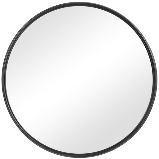 Round black iron wall mirror by Uttermost with a sleek, minimalist design, showcasing a smooth circular frame.