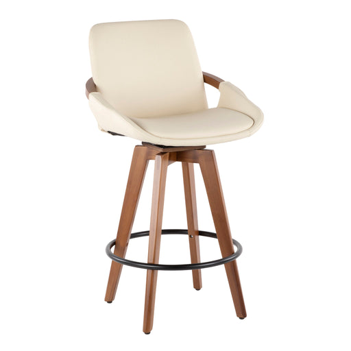 Lumi Source Cosmo mid-century counter stool with wooden legs and upholstered seat, 24-27 inch height, modern design.