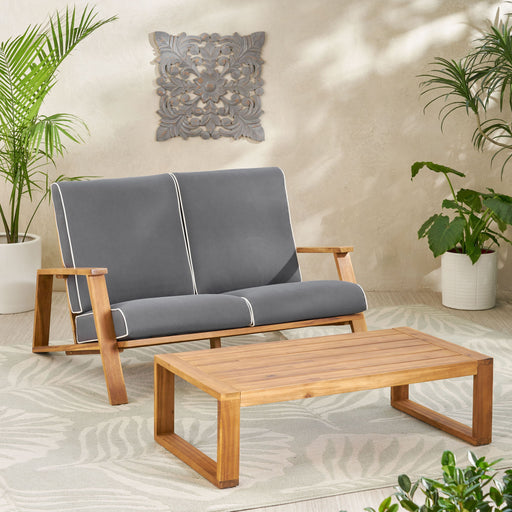 Contemporary Paloma outdoor loveseat and coffee table set by Noble House with weather-resistant cushions and modern design.