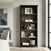 Simpli-Home Amherst standard bookcase with adjustable shelves, wooden finish and open storage compartments.