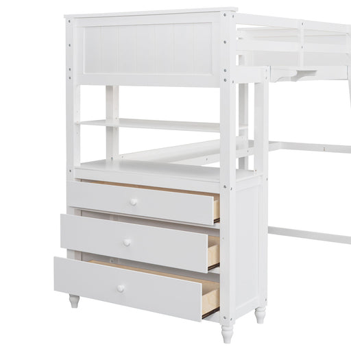 DreamHaus loft bed with integrated drawers, desk, and shelves showing a modern wooden design for space-saving bedroom storage.