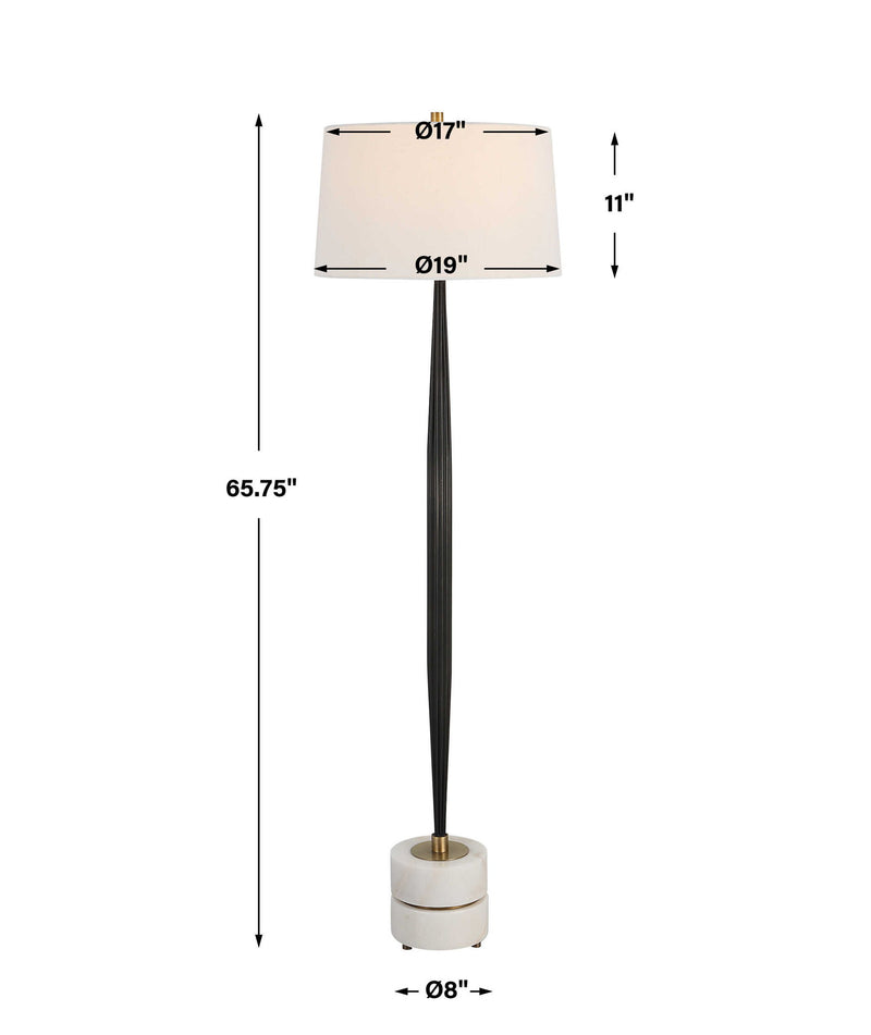 Uttermost Miraz black floor lamp with sleek modern design, standing tall with a minimalist silhouette and a round base.