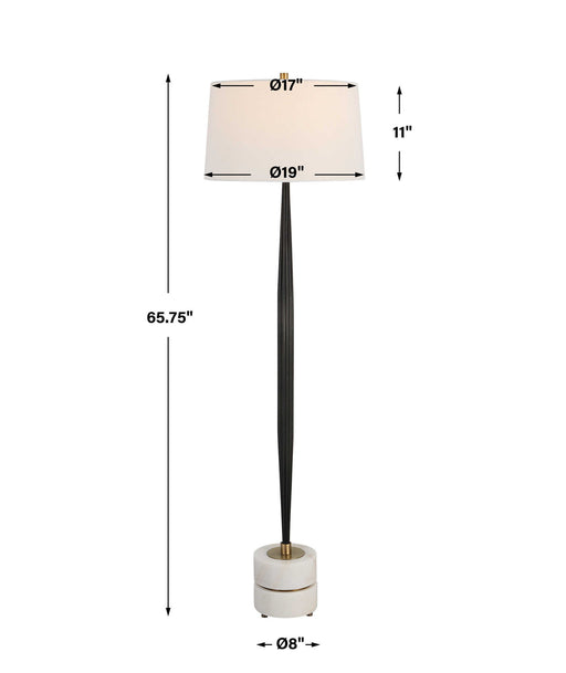 Uttermost Miraz black floor lamp with sleek modern design, standing tall with a minimalist silhouette and a round base.