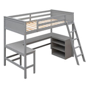 DreamHaus loft bed with integrated shelves and desk, showcasing a modern wooden design for space-saving bedroom furniture.