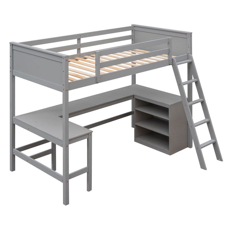 DreamHaus loft bed with integrated shelves and desk, showcasing a modern wooden design for space-saving bedroom furniture.