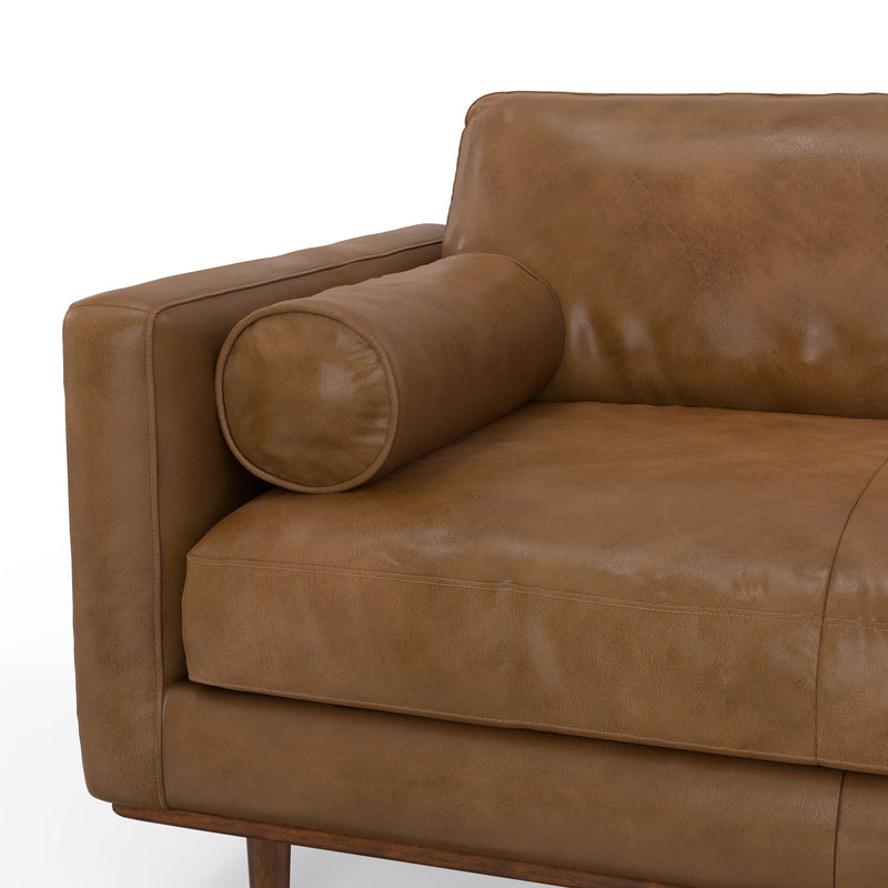 Simpli-Home Morrison upholstered stationary sofa with plush fabric and cushioned armrests, ideal for living room comfort.