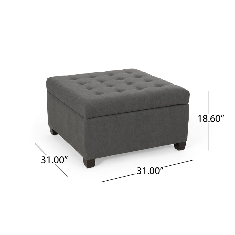 Noble House Isabella contemporary storage ottoman with cushioned top and wooden legs, ideal for living room or bedroom decor.