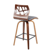 Lumi Source Folia mid-century modern fixed height counter stool set with swivel seats, wooden legs, and upholstered seats.