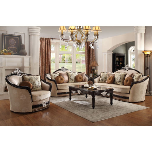 Ernestine - Loveseat With 6 Pillows - Tan Fabric & Black - R&R Furniture Gallery (Fountain Valley, CA)