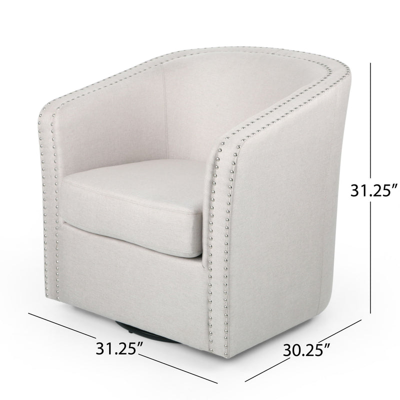 Noble House modern upholstered swivel club chair with nailhead trim, featuring a stylish and comfortable design.
