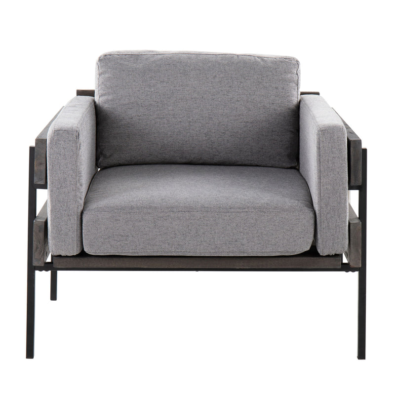 Lumi Source Kari farmhouse accent chair with wooden legs and cushioned seat in a rustic style, ideal for living room or dining area.
