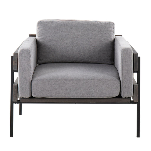 Lumi Source Kari farmhouse accent chair with wooden legs and cushioned seat in a rustic style, ideal for living room or dining area.