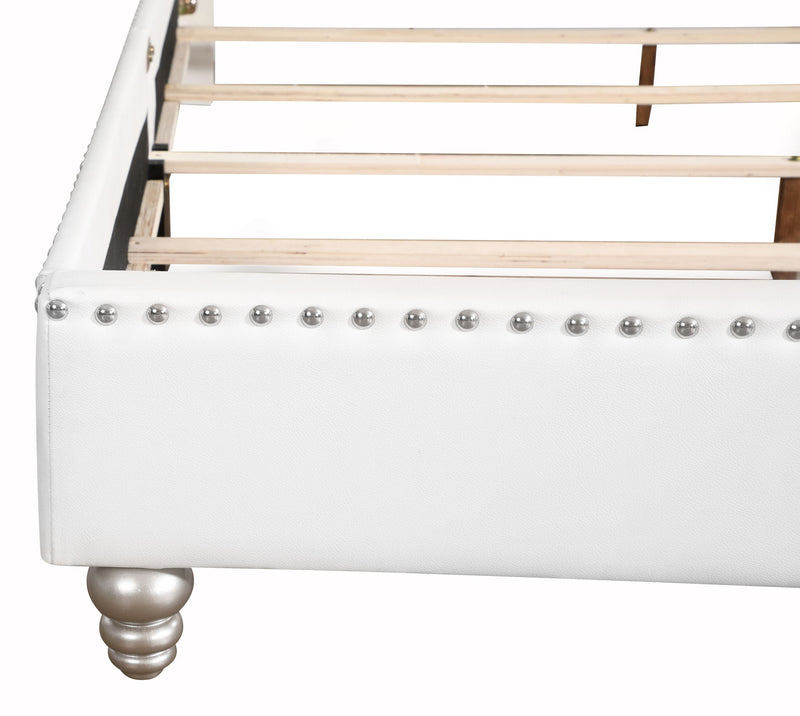 Elegant upholstered bed by Glory Furniture featuring a stylish transitional design with plush fabric and a sturdy wooden frame.