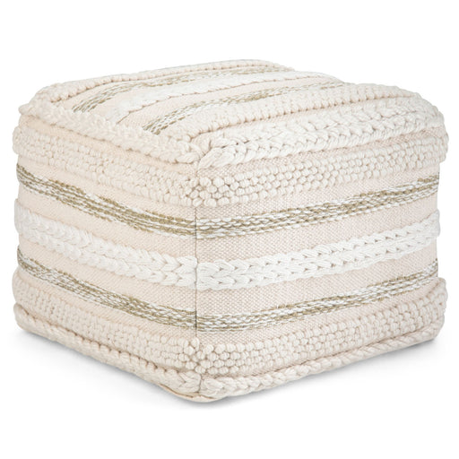 Handcrafted square accent pouf in neutral fabric by Simpli-Home, perfect for living room or bedroom decor.