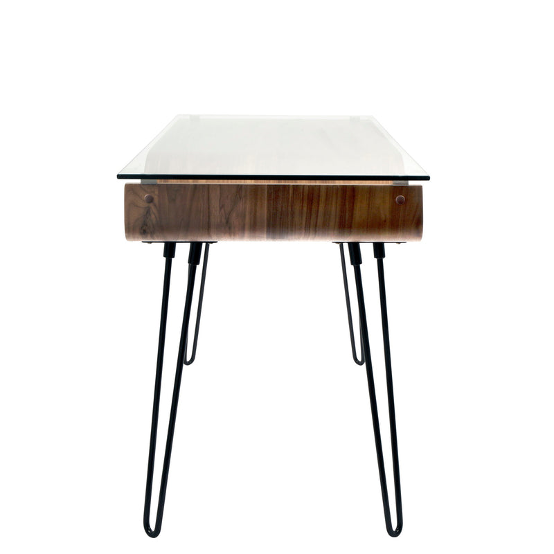 Lumi Source Avery mid-century modern walnut writing desk with clear and black accents, featuring sleek, minimalist design.