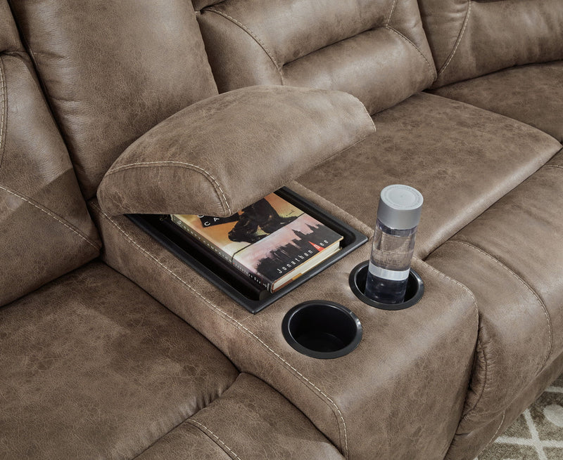 Ravenel - 3-Piece Power Reclining Sectional With Laf Power Reclining Loveseat With Console - Faux Leather - Fossil - R&R Furniture Gallery (Fountain Valley, CA)