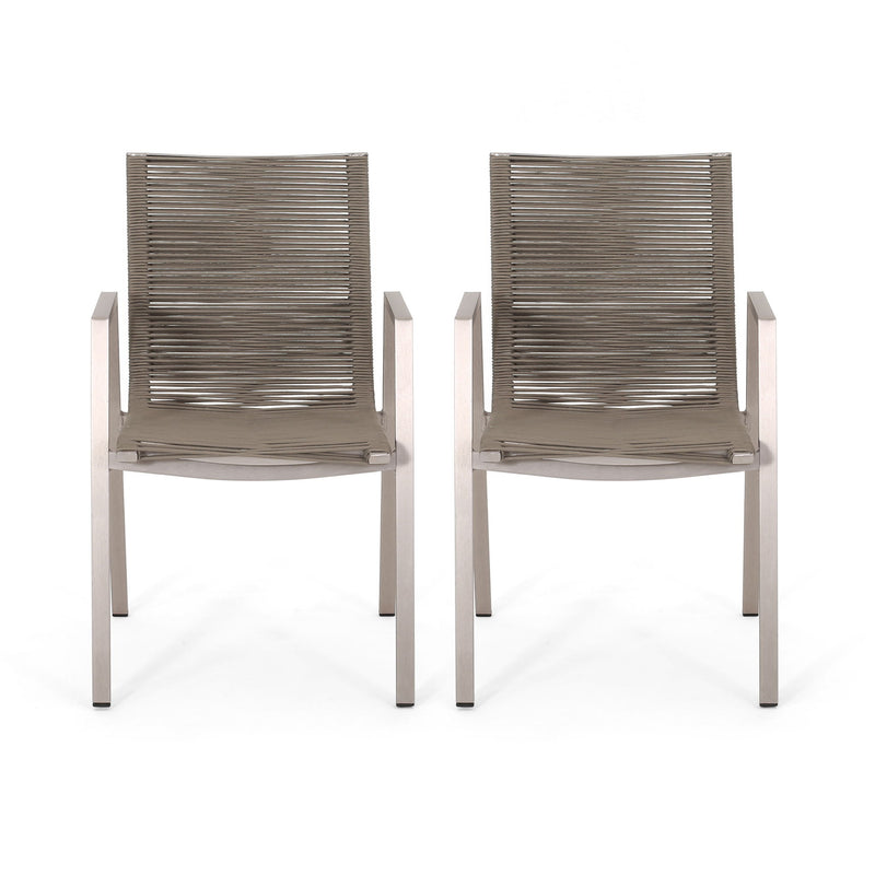 Modern outdoor aluminum dining chair set with rope sea accents by Noble House, featuring two stylish, weather-resistant chairs.
