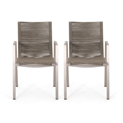 Modern outdoor aluminum dining chair set with rope sea accents by Noble House, featuring two stylish, weather-resistant chairs.